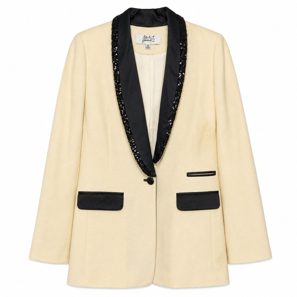 Badgley Mischka Cream‎ Black Trim Sequin Lapel Blazer XS